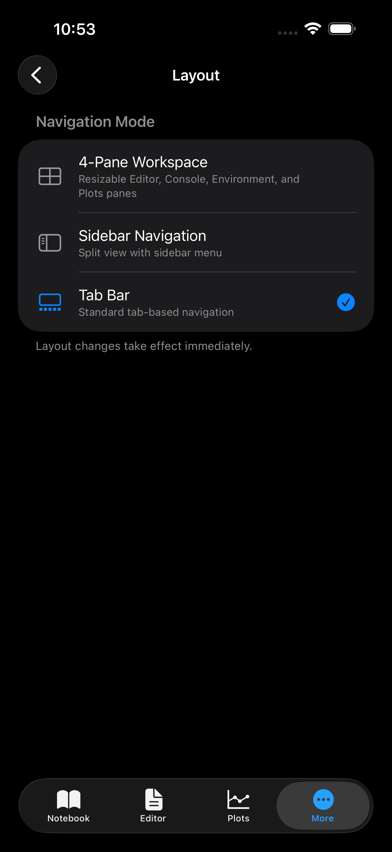 Layout settings on iPhone in dark mode
