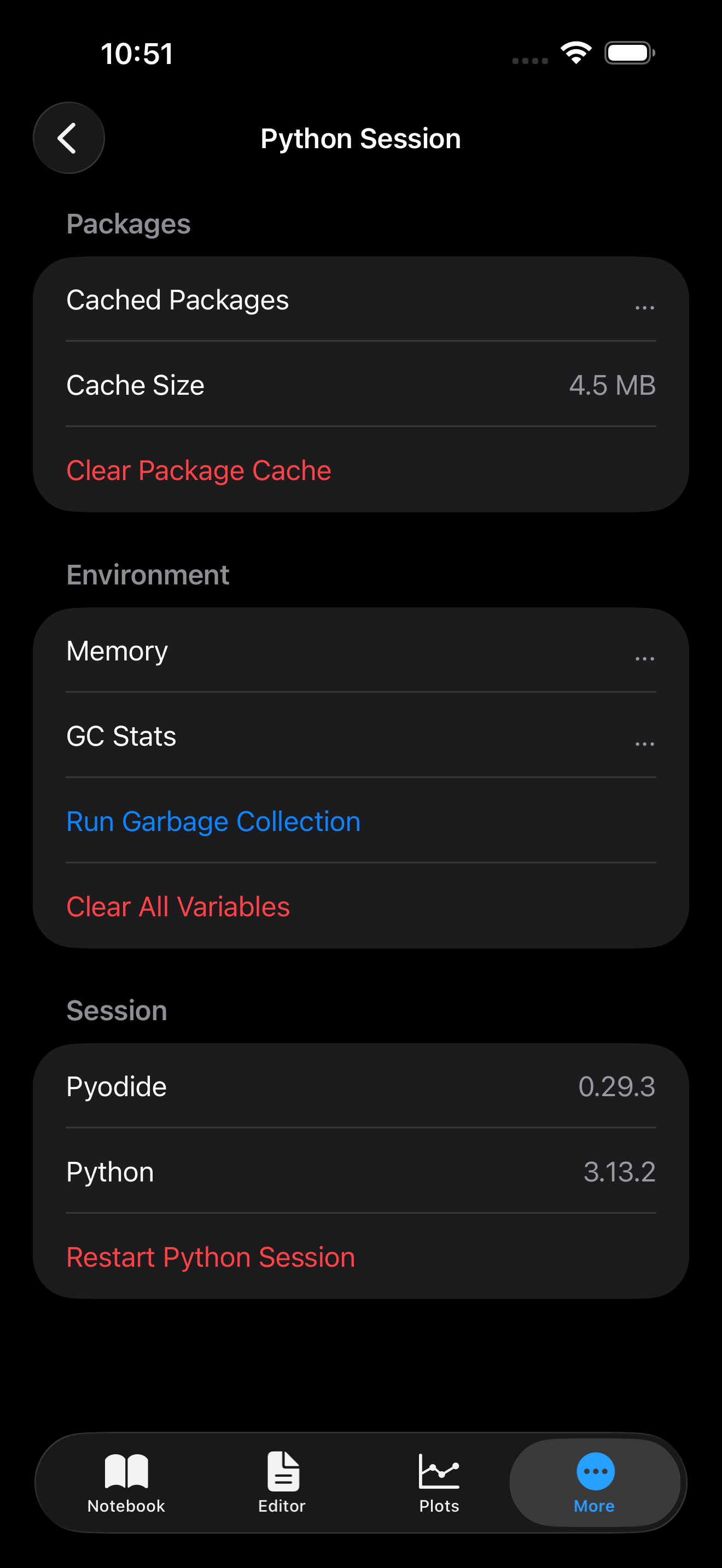 Session settings on iPhone in dark mode