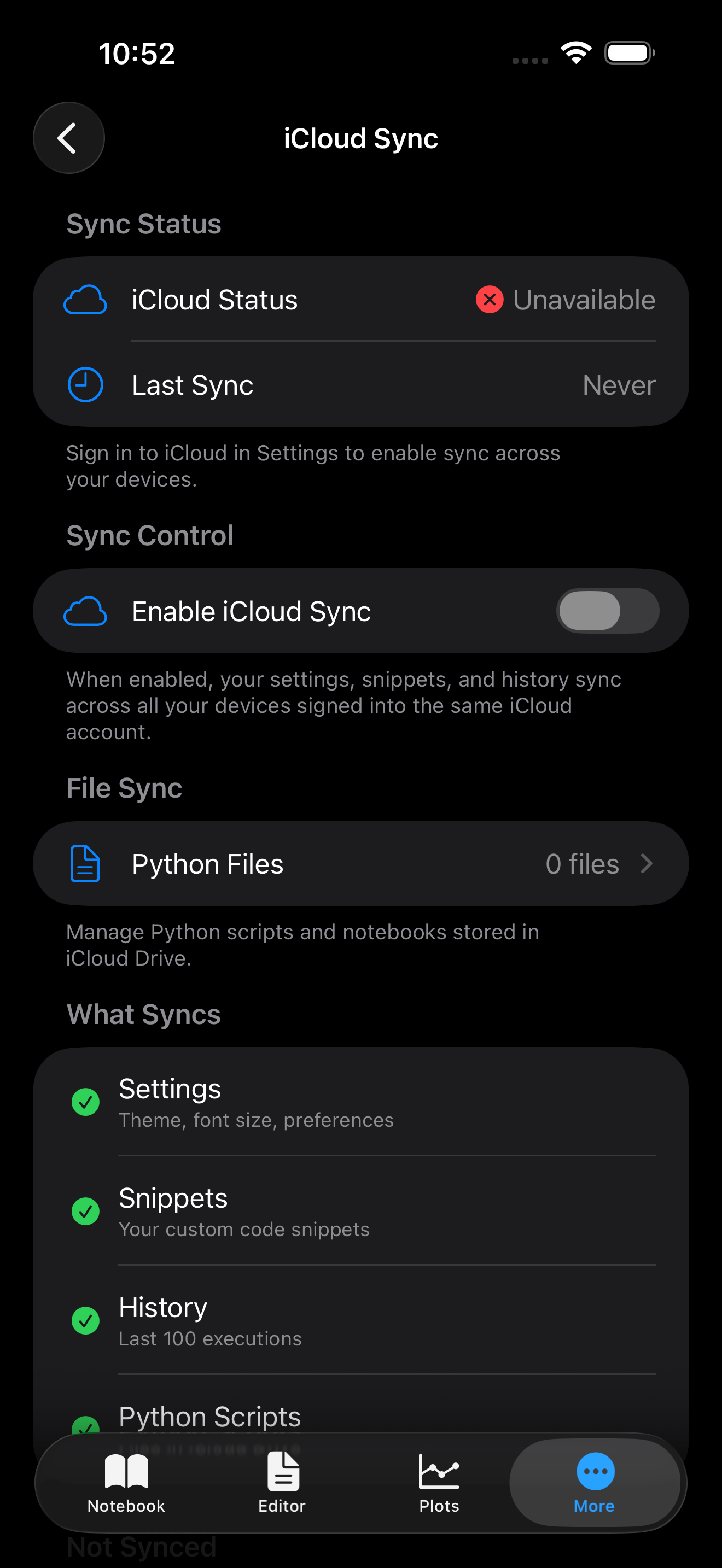 Cloud Sync on iPhone in dark mode