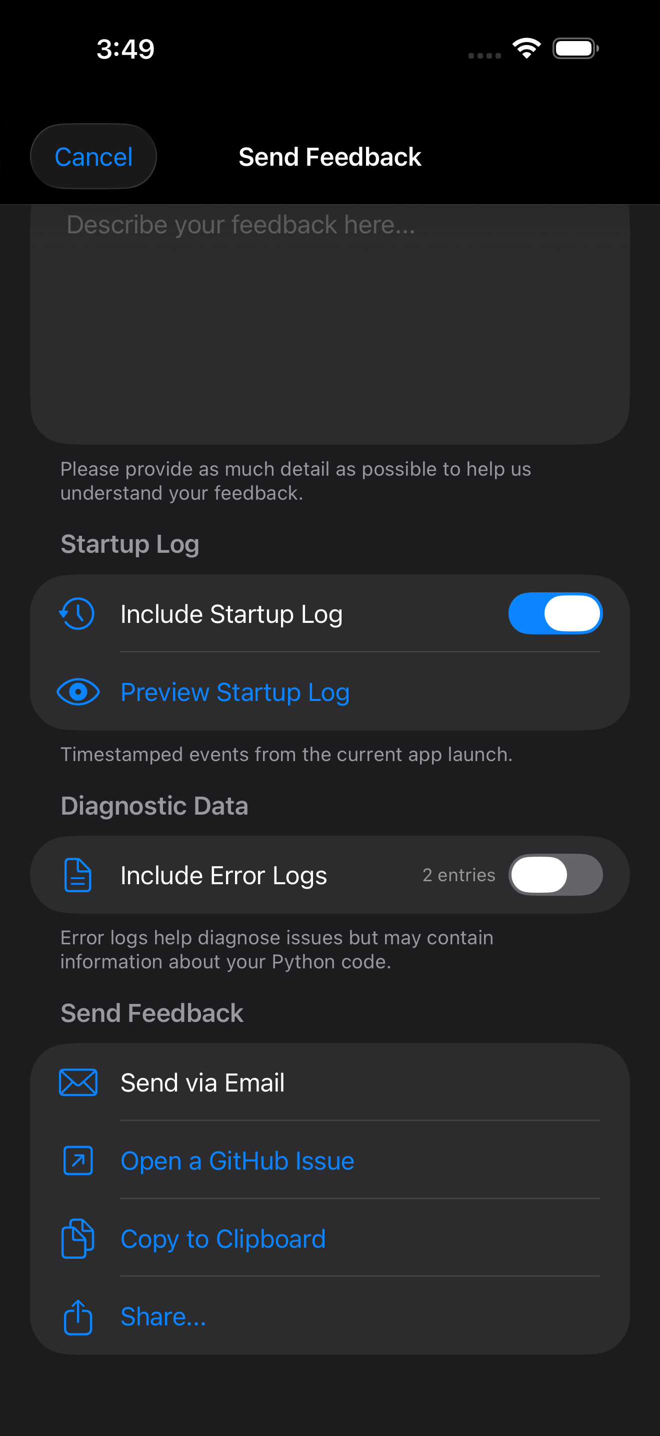 Send Feedback form on iPhone in dark mode with the same Email, GitHub Issue, Copy, and Share options