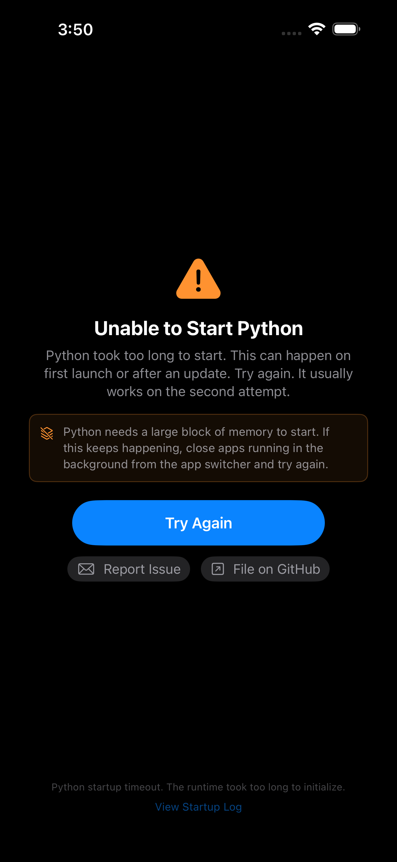 Unable to Start Python screen on iPhone in dark mode with Try Again, Report Issue, and File on GitHub buttons
