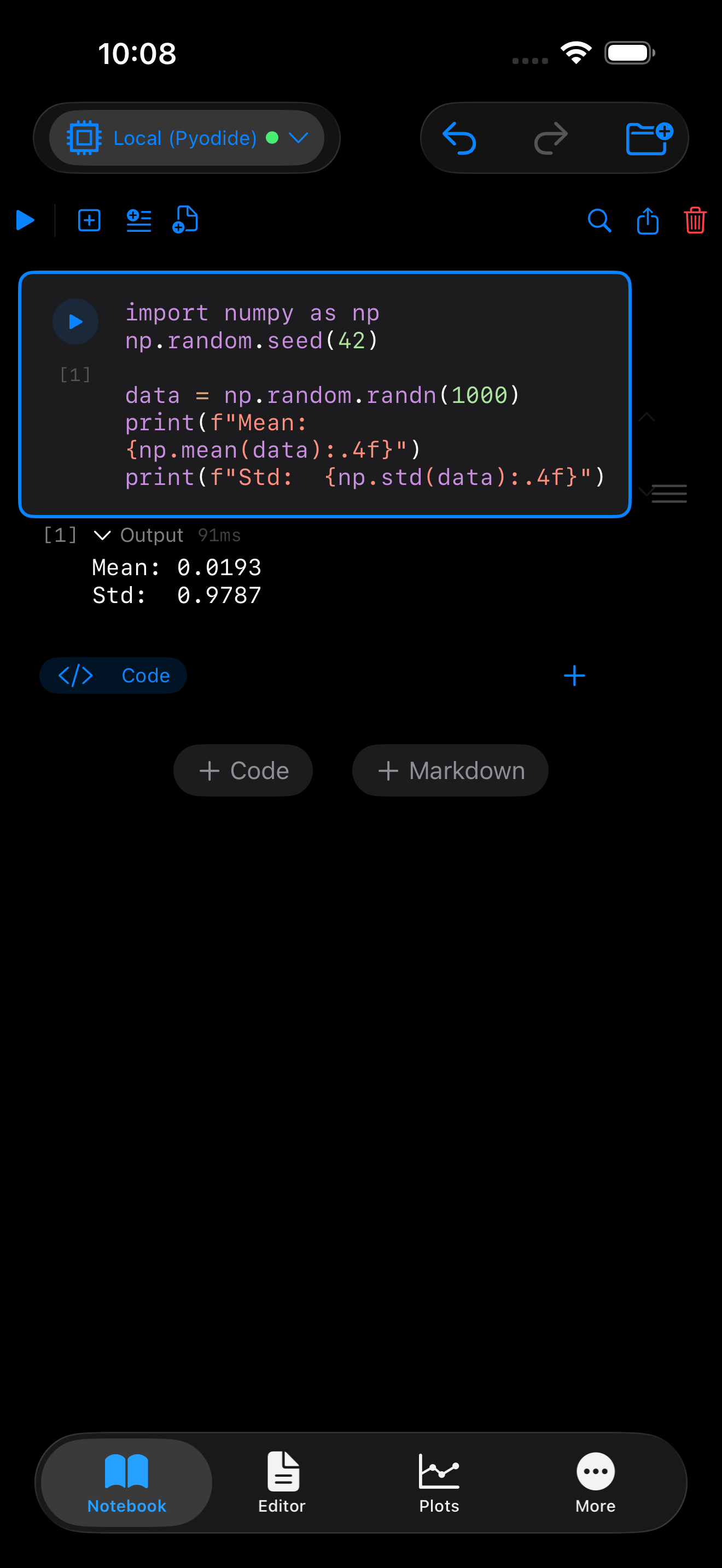 Code cell on iPhone in dark mode with numpy mean/std output