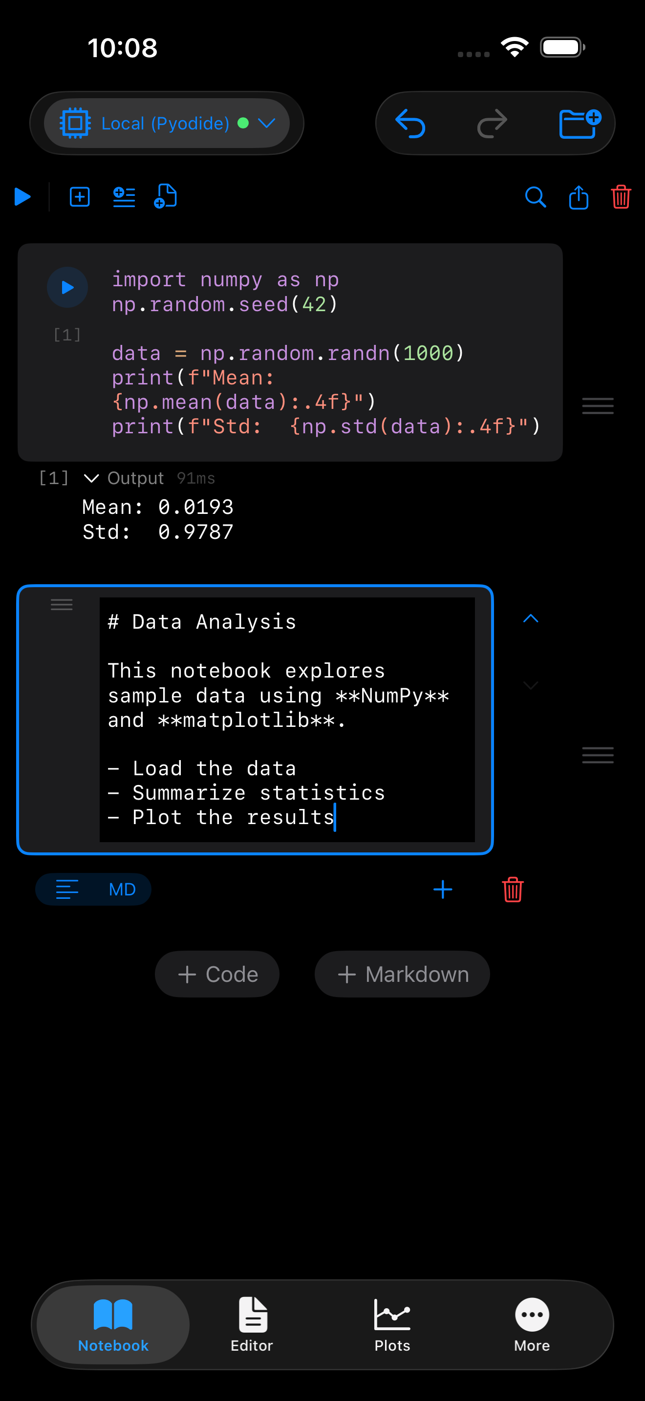 Markdown cell on iPhone in edit mode in dark mode