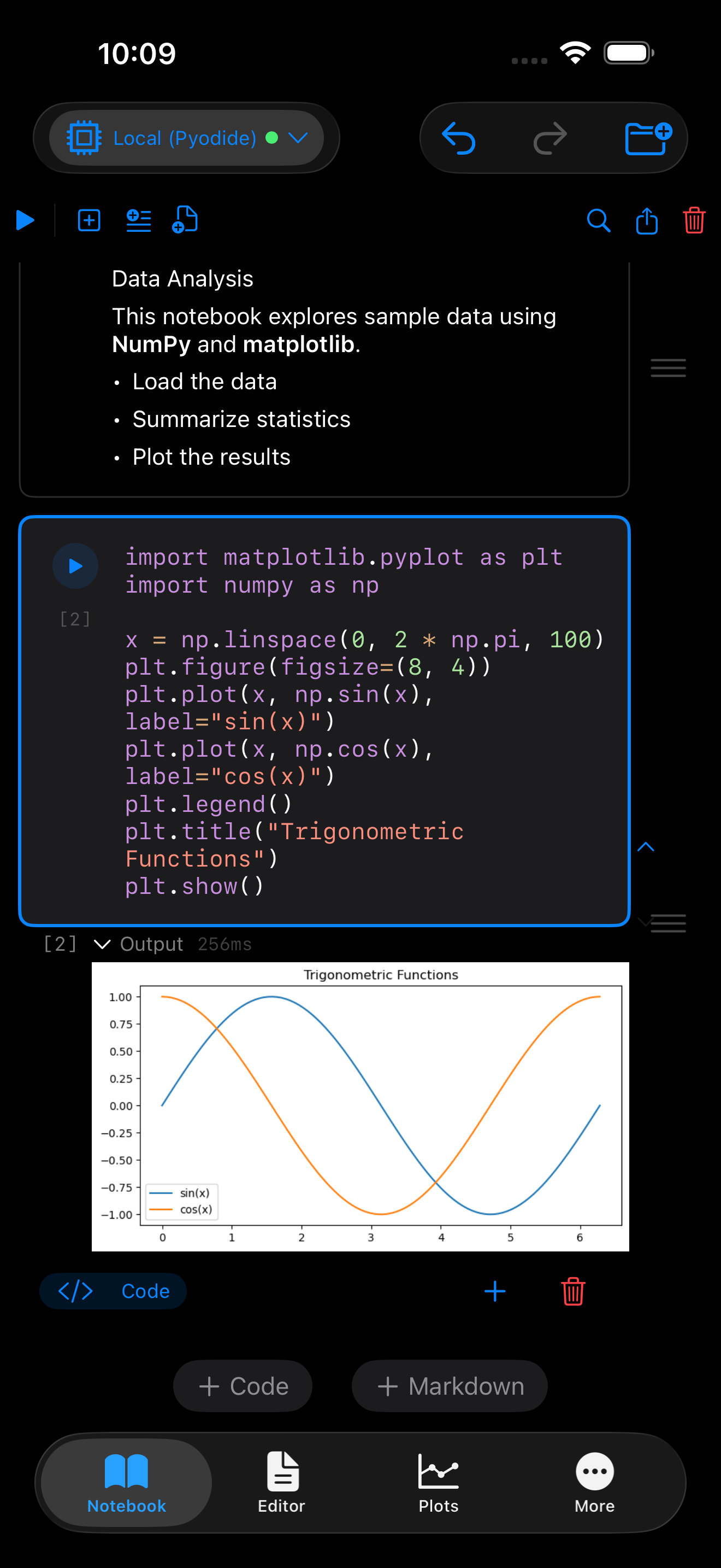 Notebook cell with plot output on iPhone