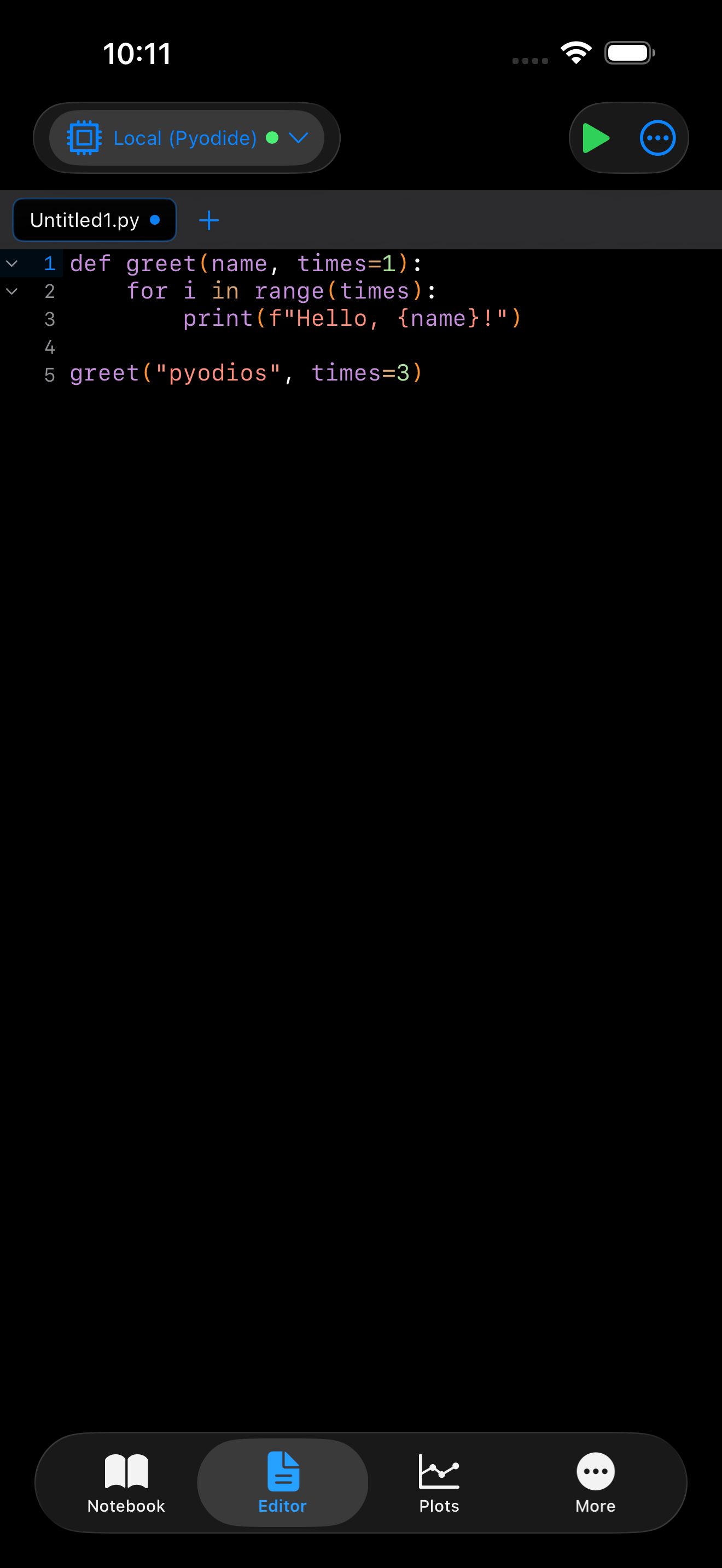 Editor on iPhone in dark mode with greet() function