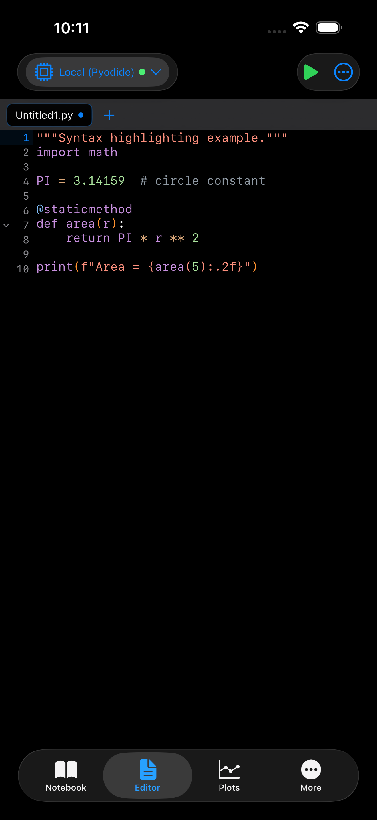 Editor on iPhone in dark mode with Python syntax highlighting