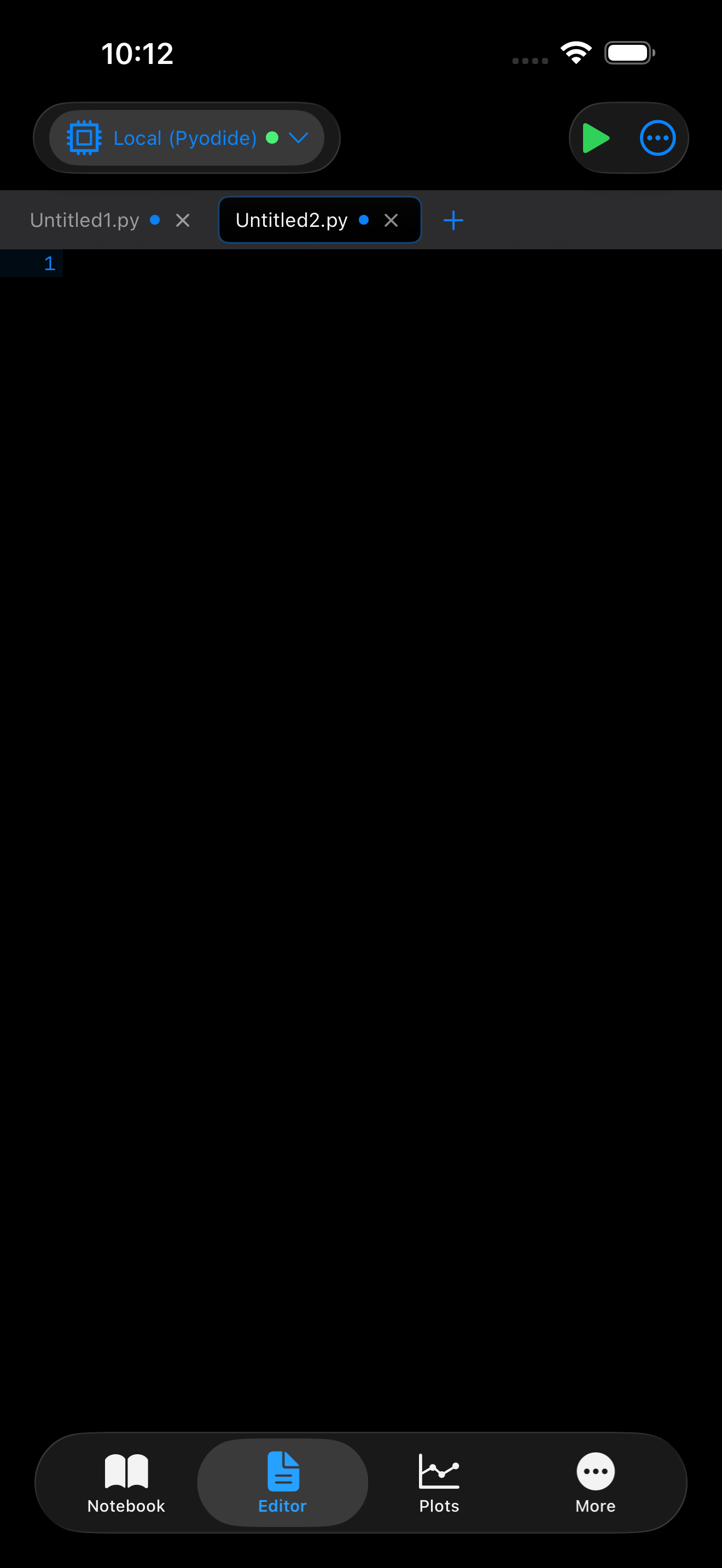 Editor on iPhone in dark mode with blue run button