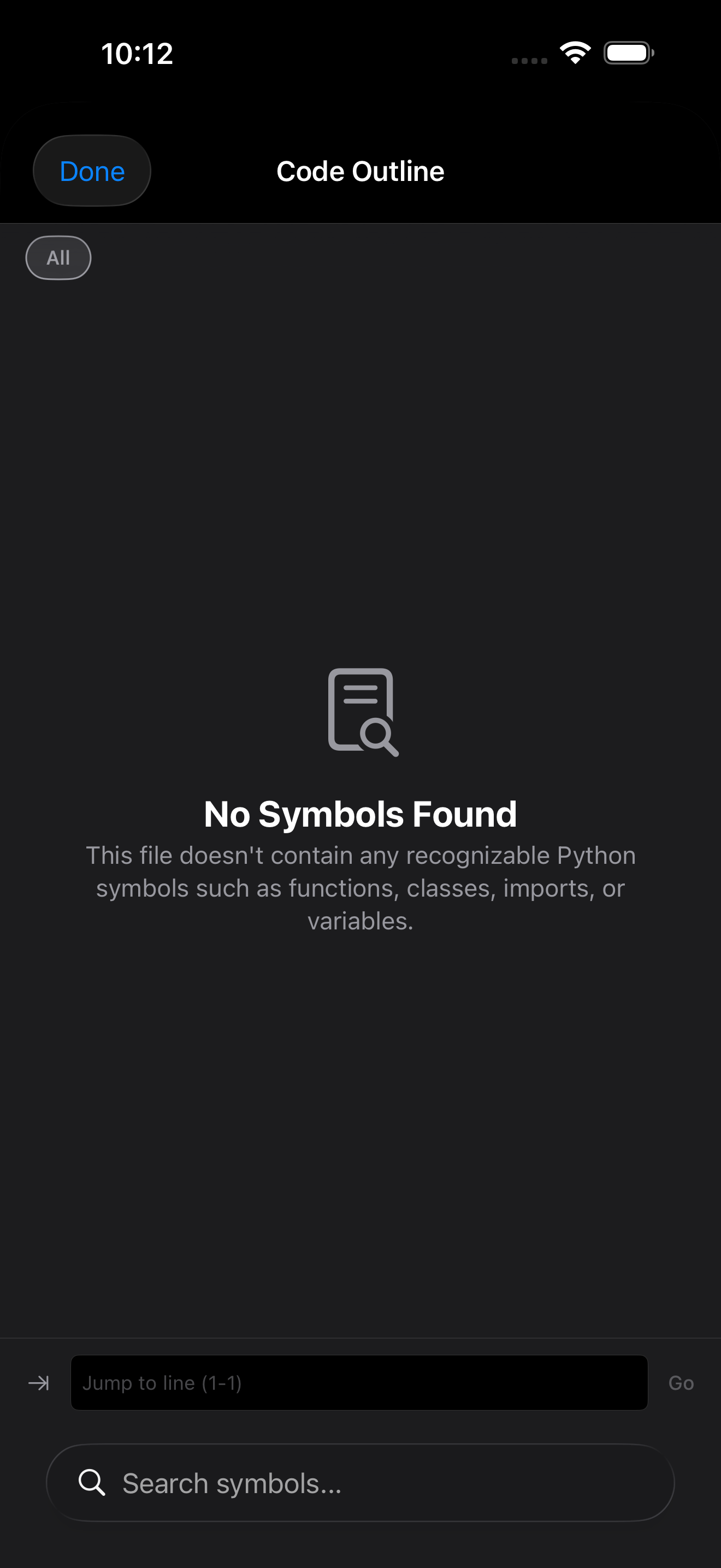 Code Outline sheet on iPhone in dark mode