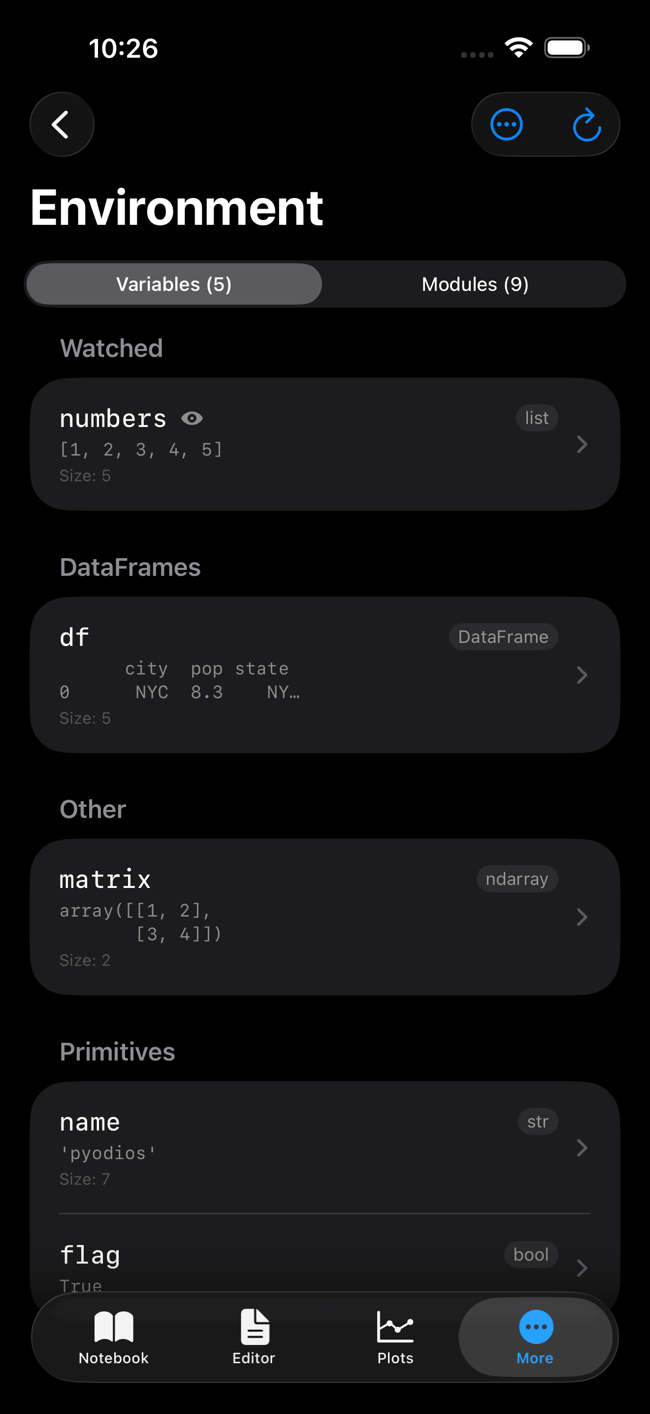 Environment list on iPhone in dark mode showing a watched variable with eye badge
