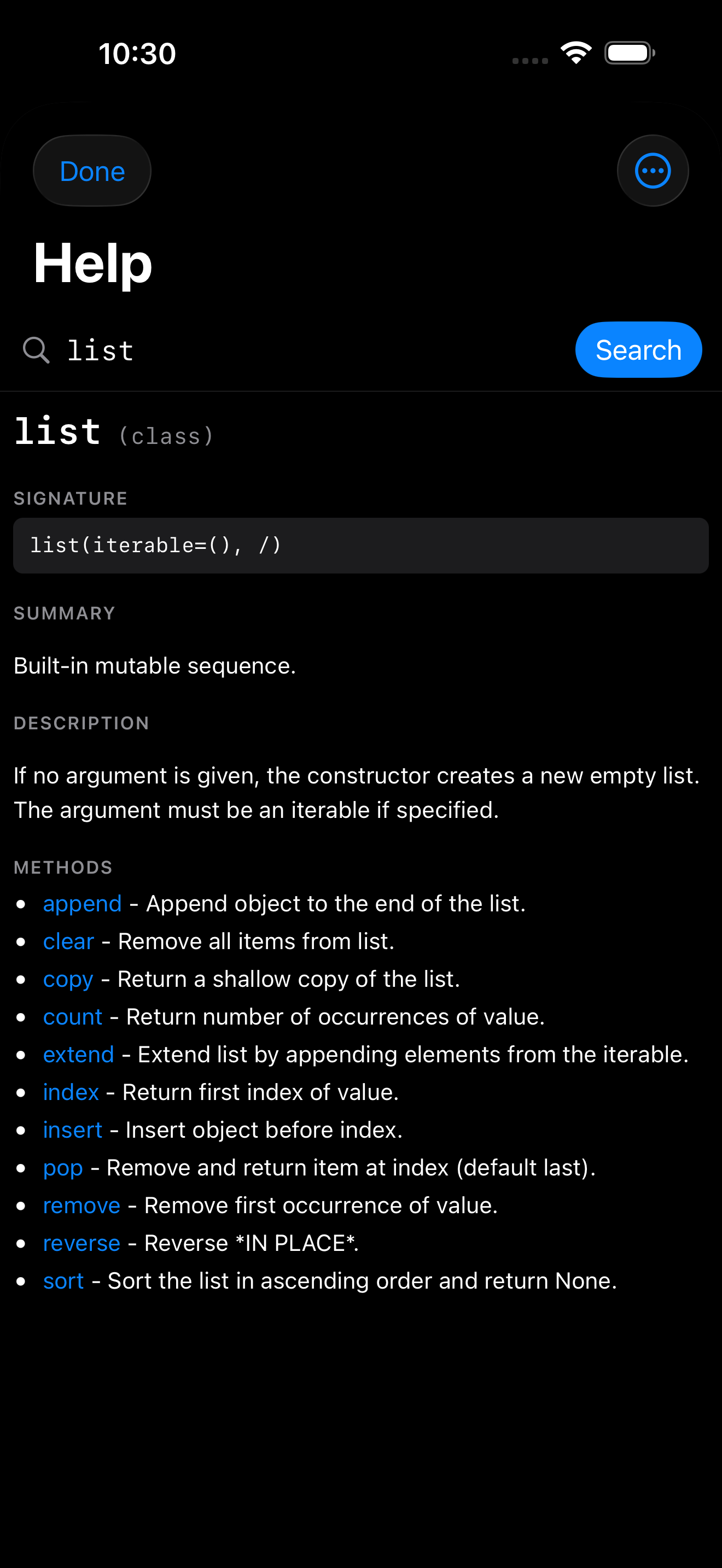 iPhone notebook in dark mode with help(list) call showing the Help sheet