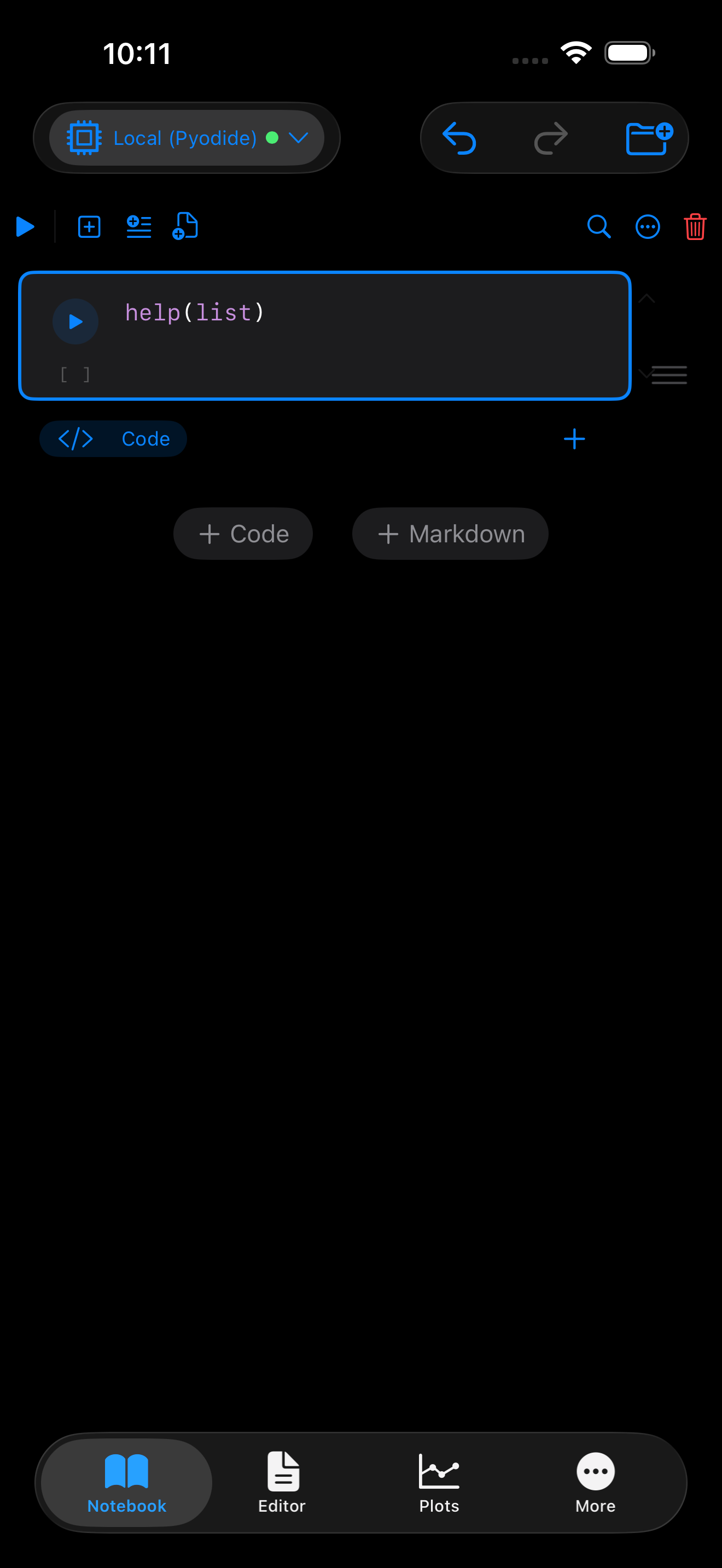 A notebook cell containing help(list), before it has been run in dark mode