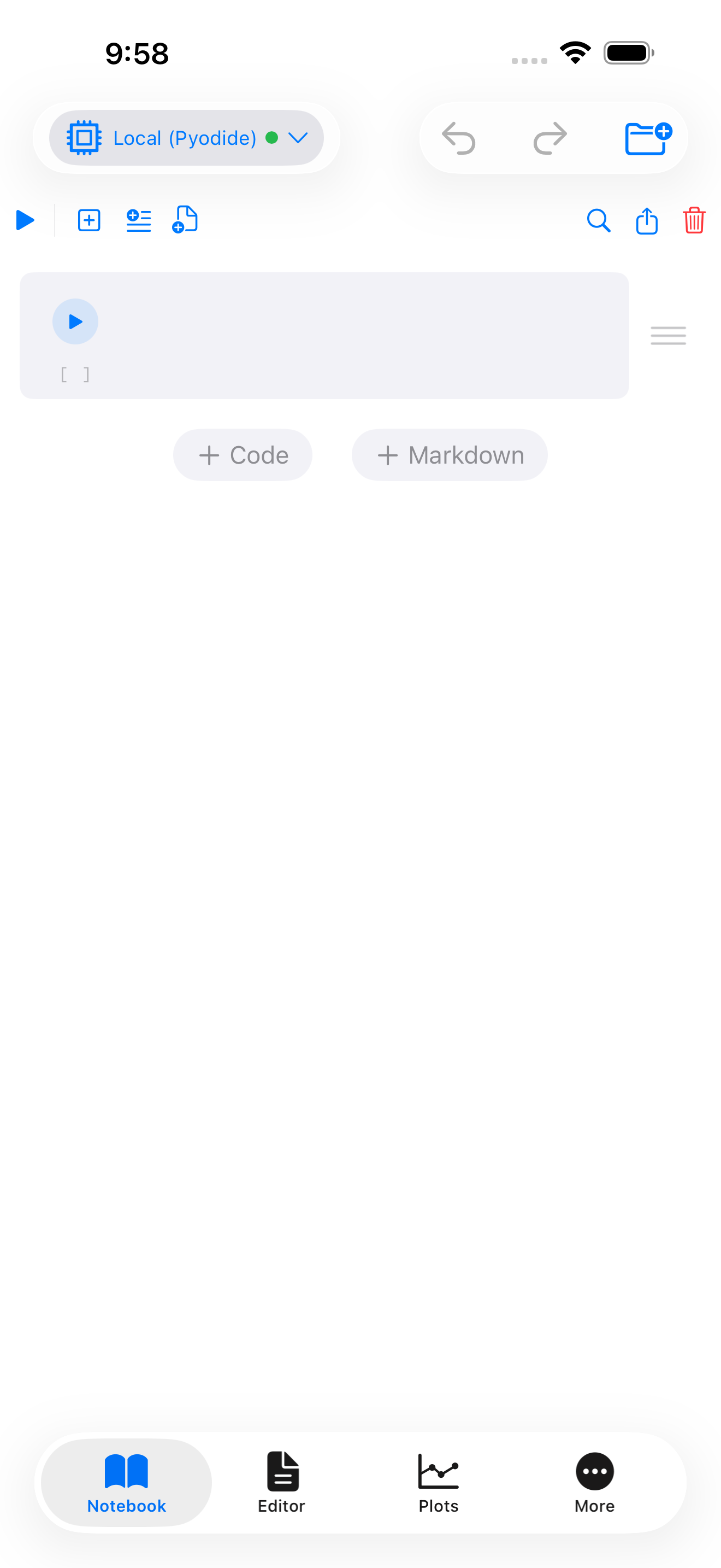 New notebook with code cell on iPhone