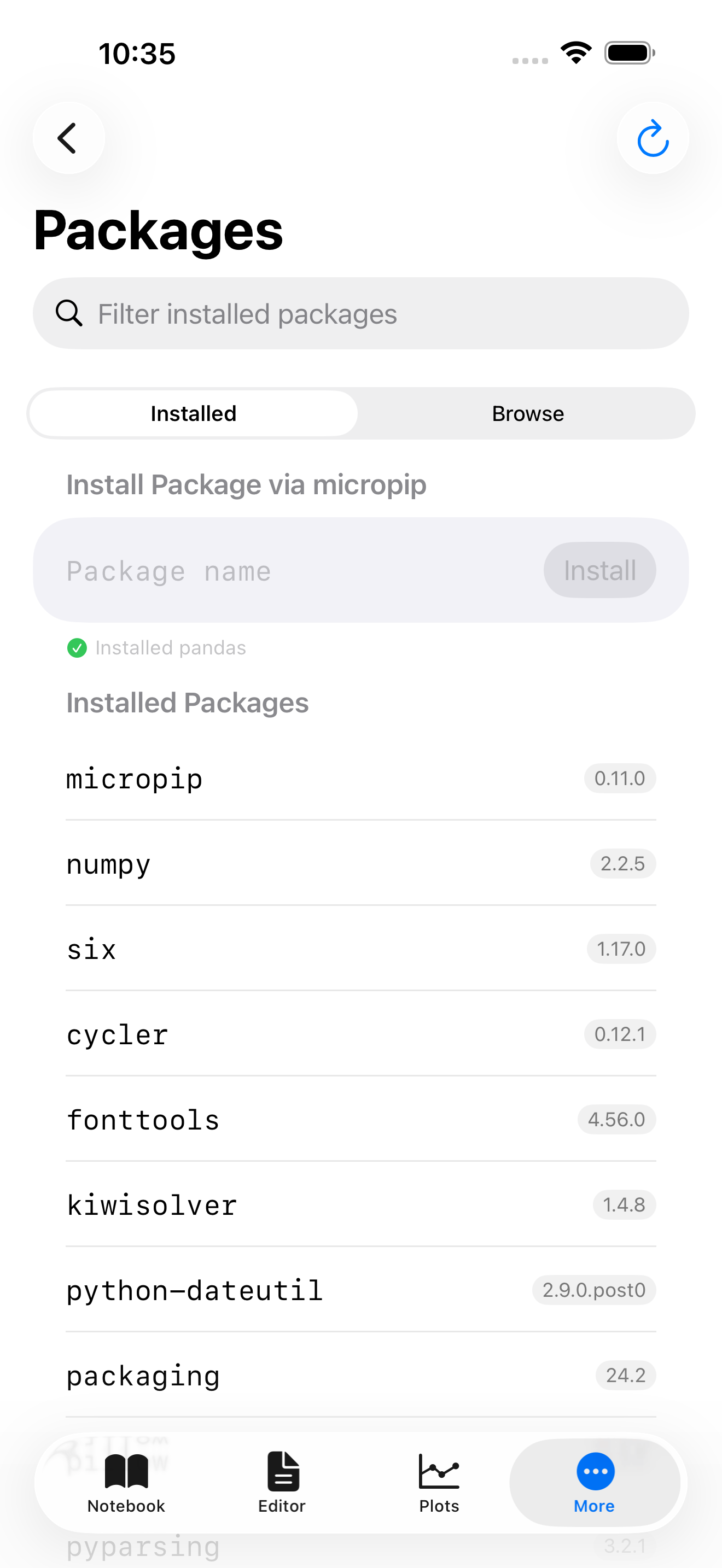 Packages tab on iPhone showing a list of installed Python packages with version numbers