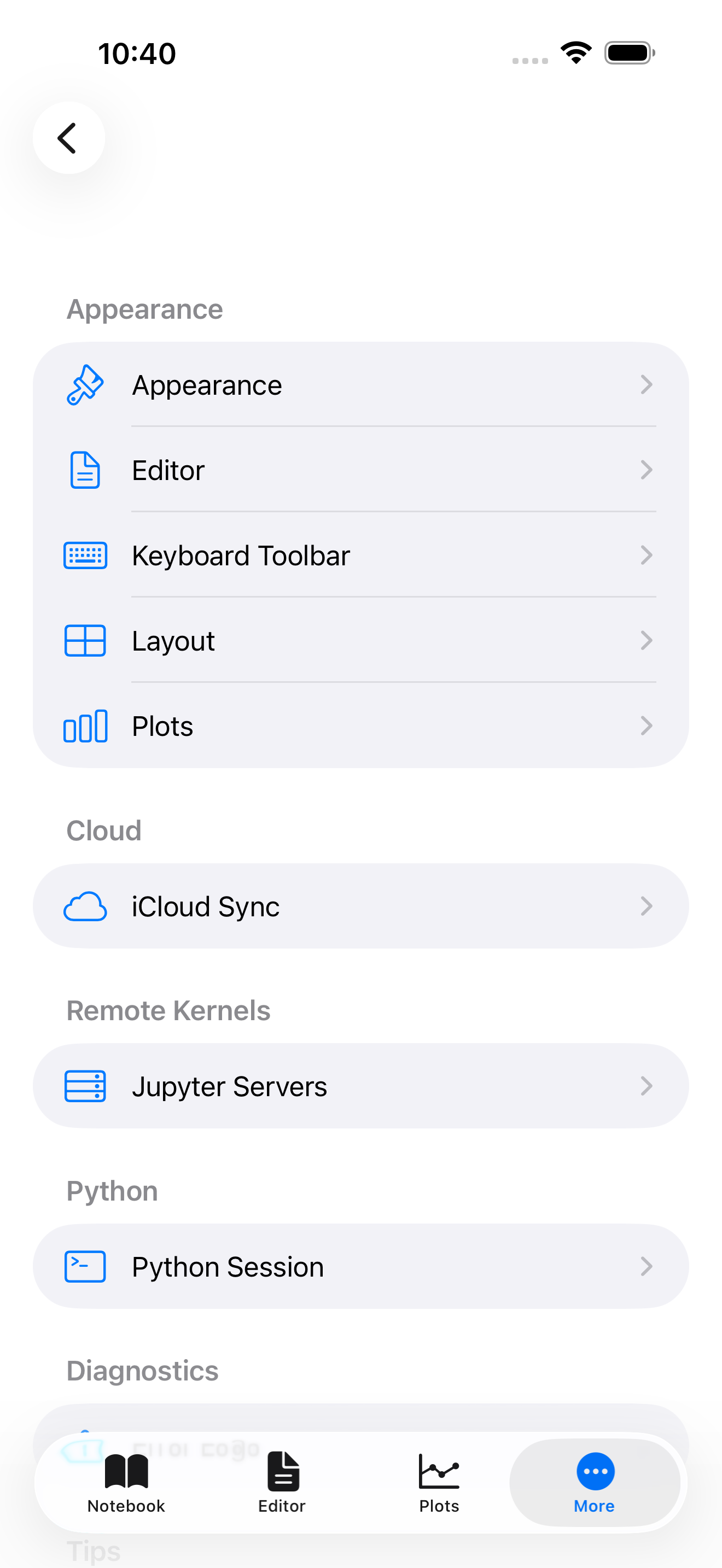 Settings tab on iPhone showing sections for Appearance, Editor, Layout, Session, Cloud Sync, and more