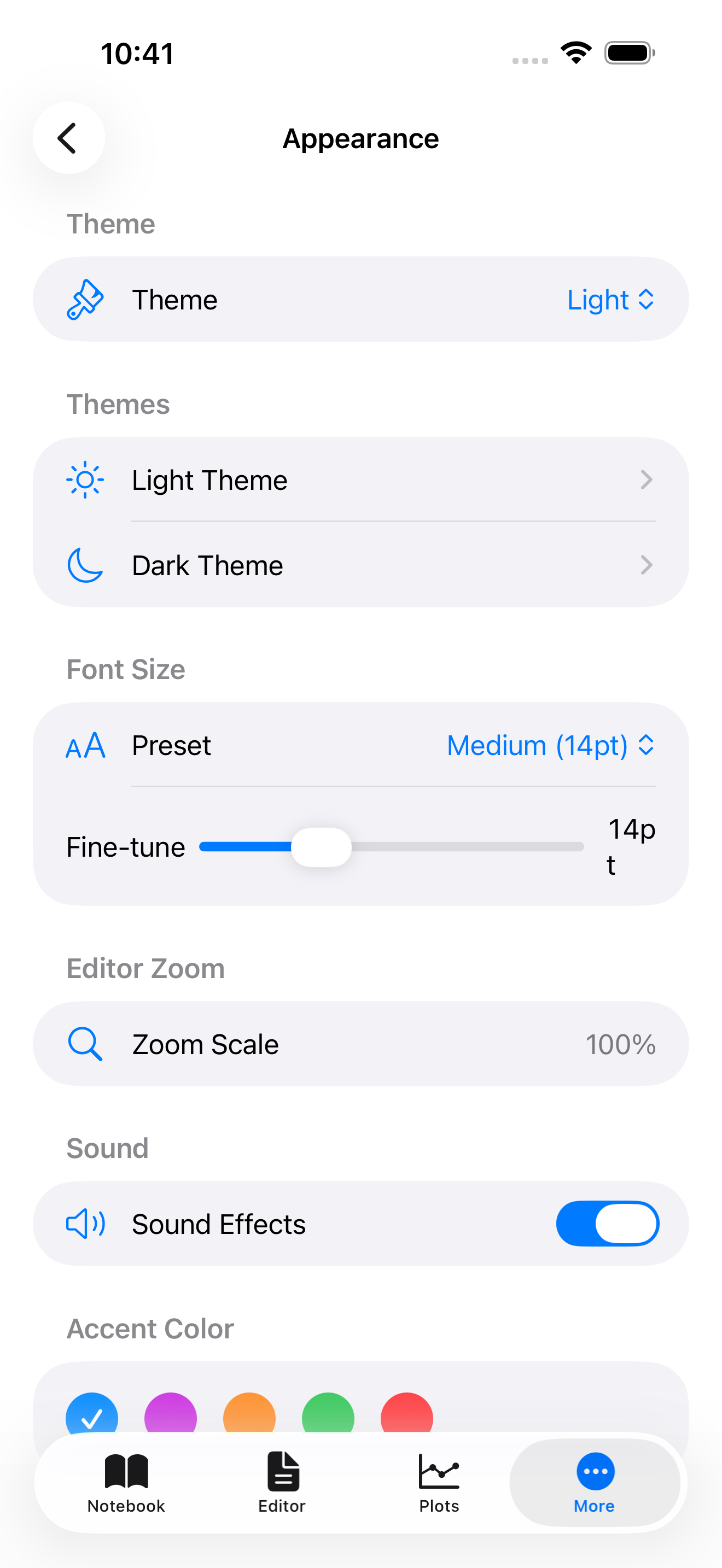Settings > Appearance on iPhone showing the theme picker, Light and Dark theme selectors, font size, editor zoom, and accent color