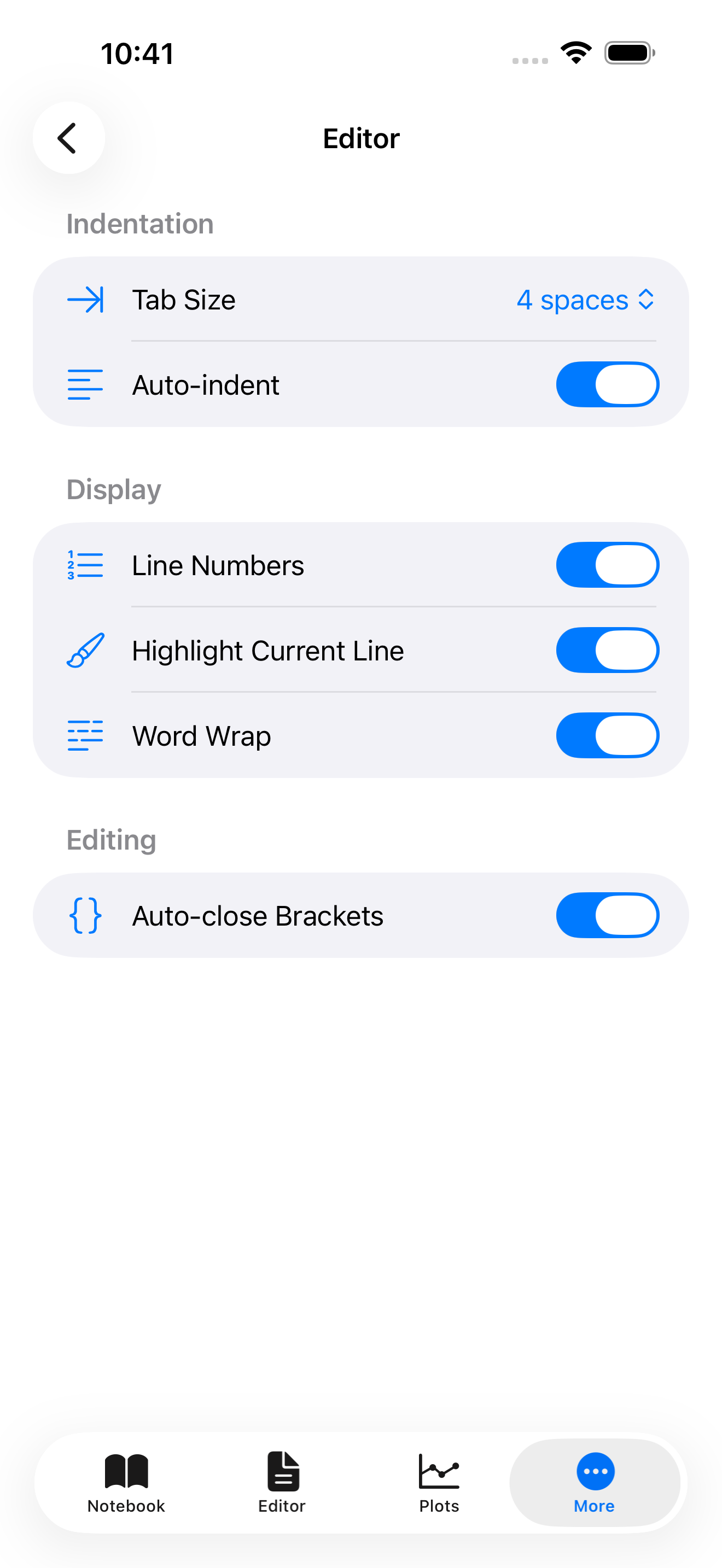 Settings > Editor screen on iPhone showing indentation, display, and editing options