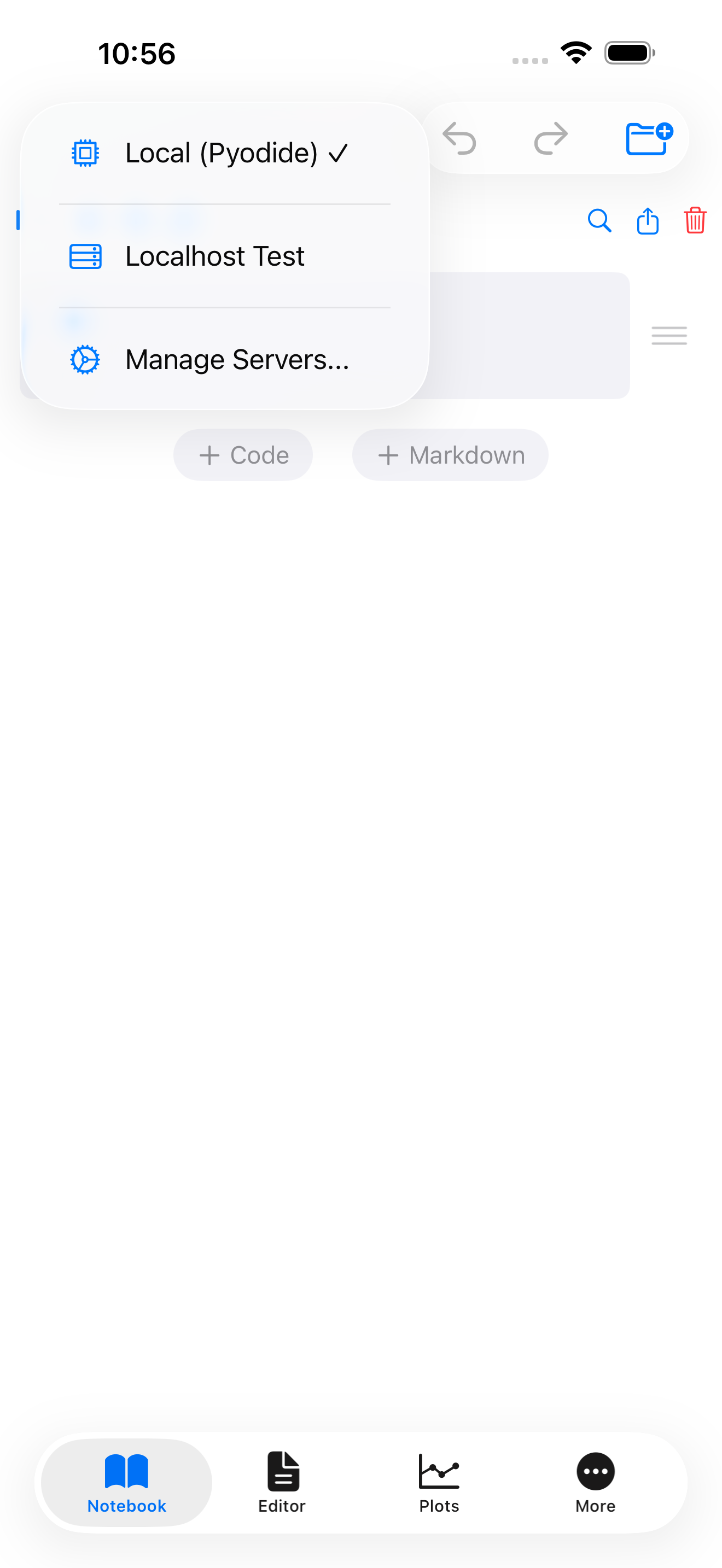 Kernel picker dropdown showing Local and remote server options on iPhone