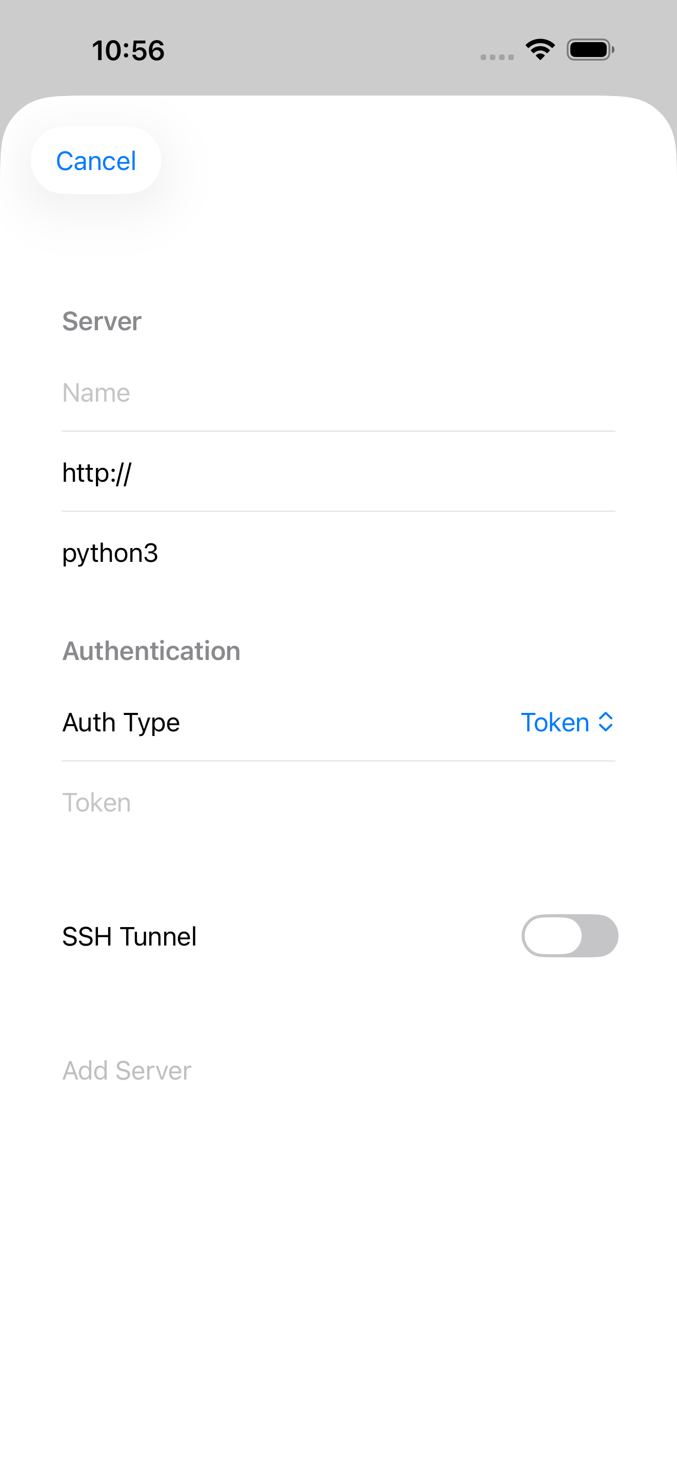 Add Jupyter Server form on iPhone showing name, URL, and authentication fields