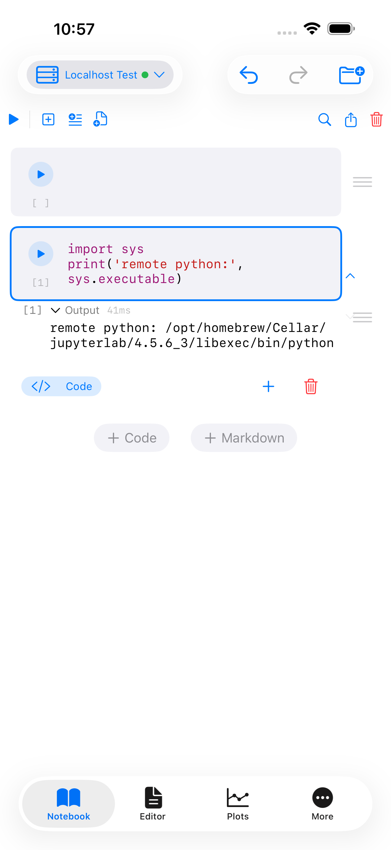 Notebook cell on iPhone running import sys; print(sys.executable) on the remote kernel, showing the Homebrew CPython path