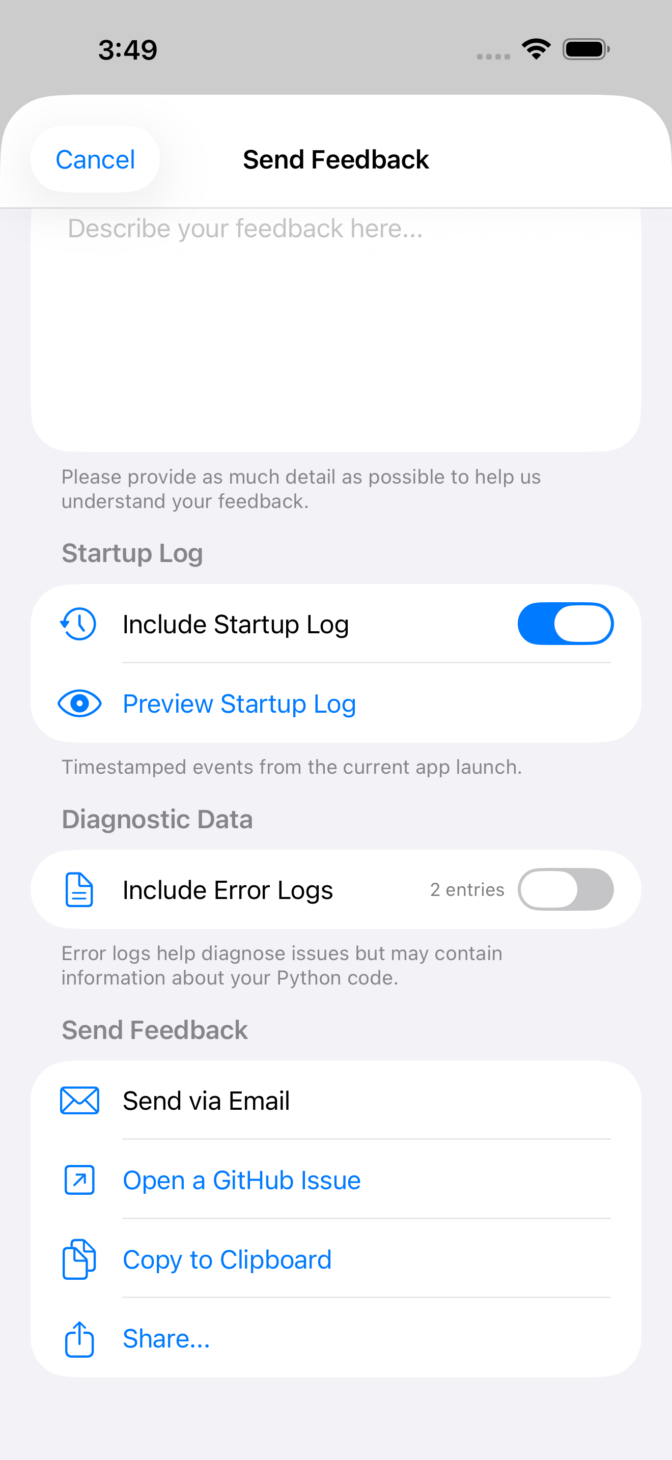 Send Feedback form on iPhone showing Send via Email, Open a GitHub Issue, Copy to Clipboard, and Share options