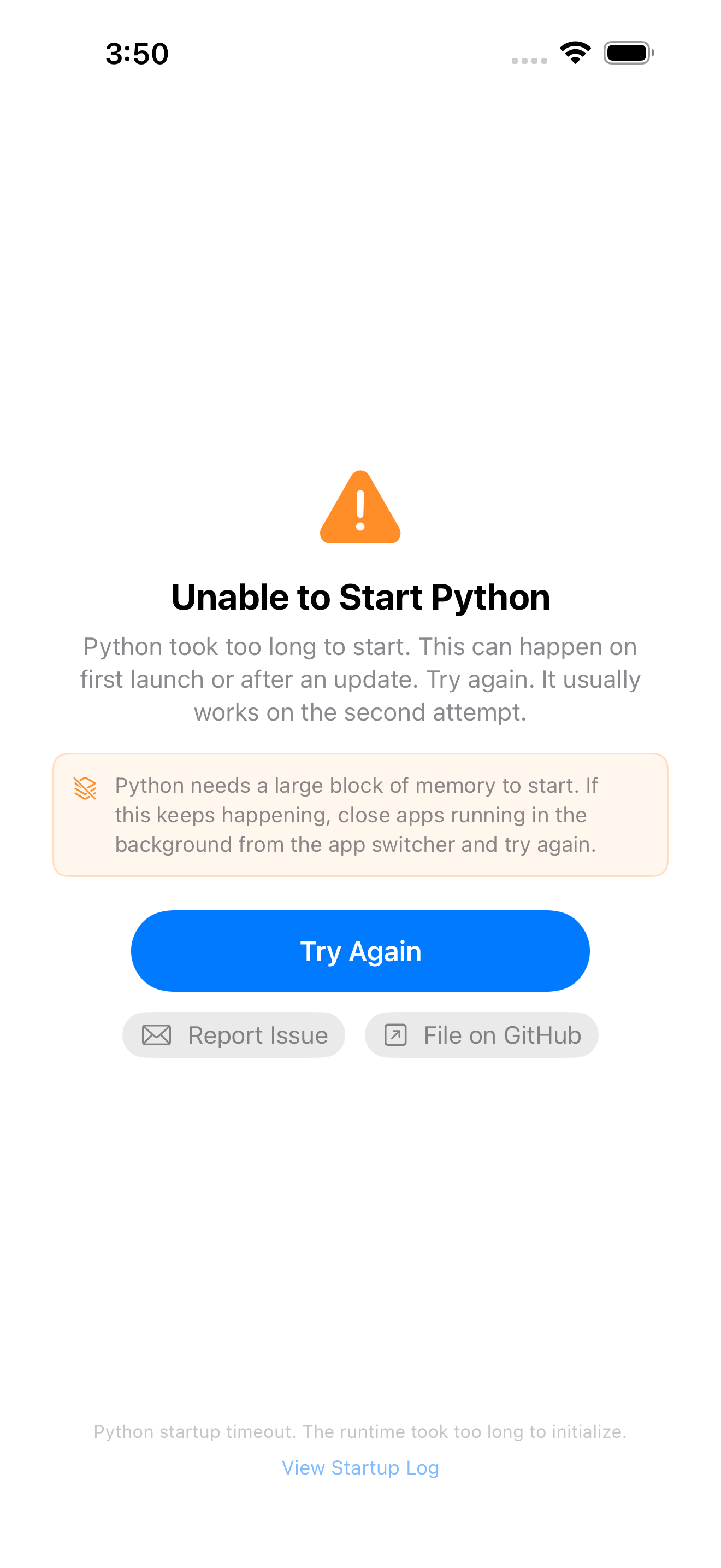 Unable to Start Python screen on iPhone with Try Again, Report Issue, and File on GitHub buttons