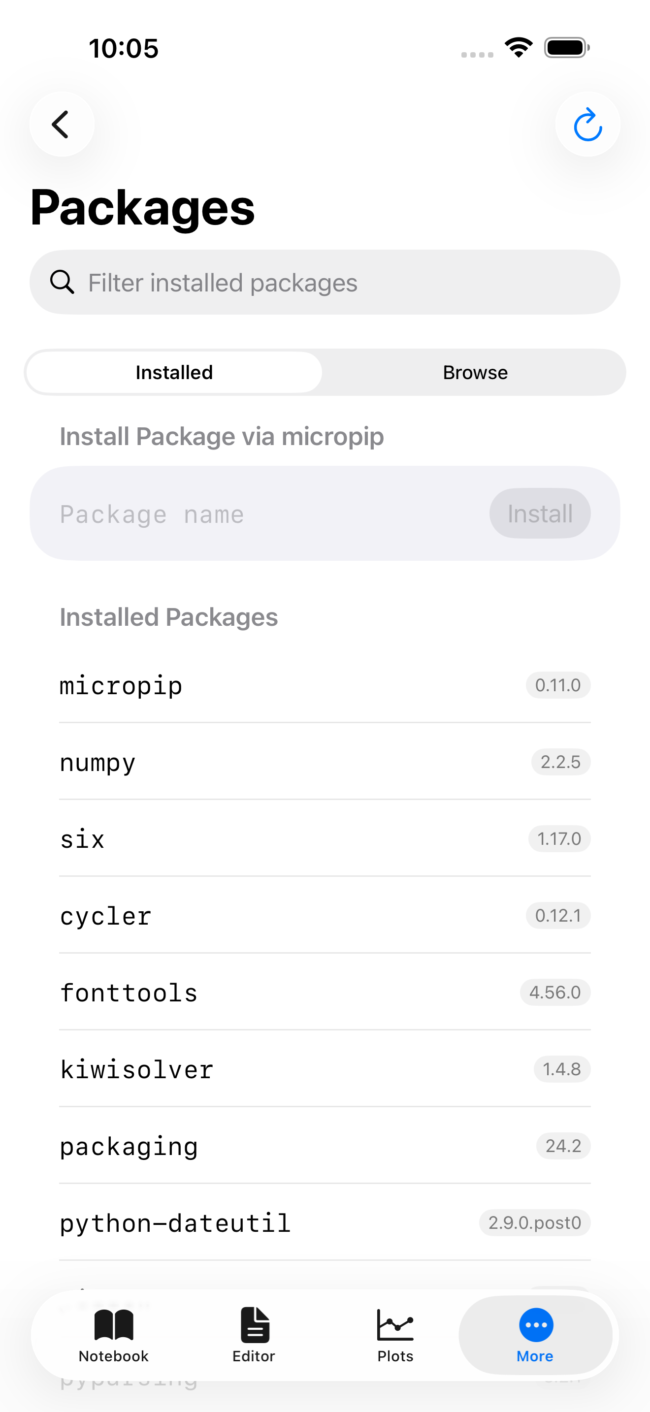 Packages tab on iPhone with inline Install Package field and Installed segment selected