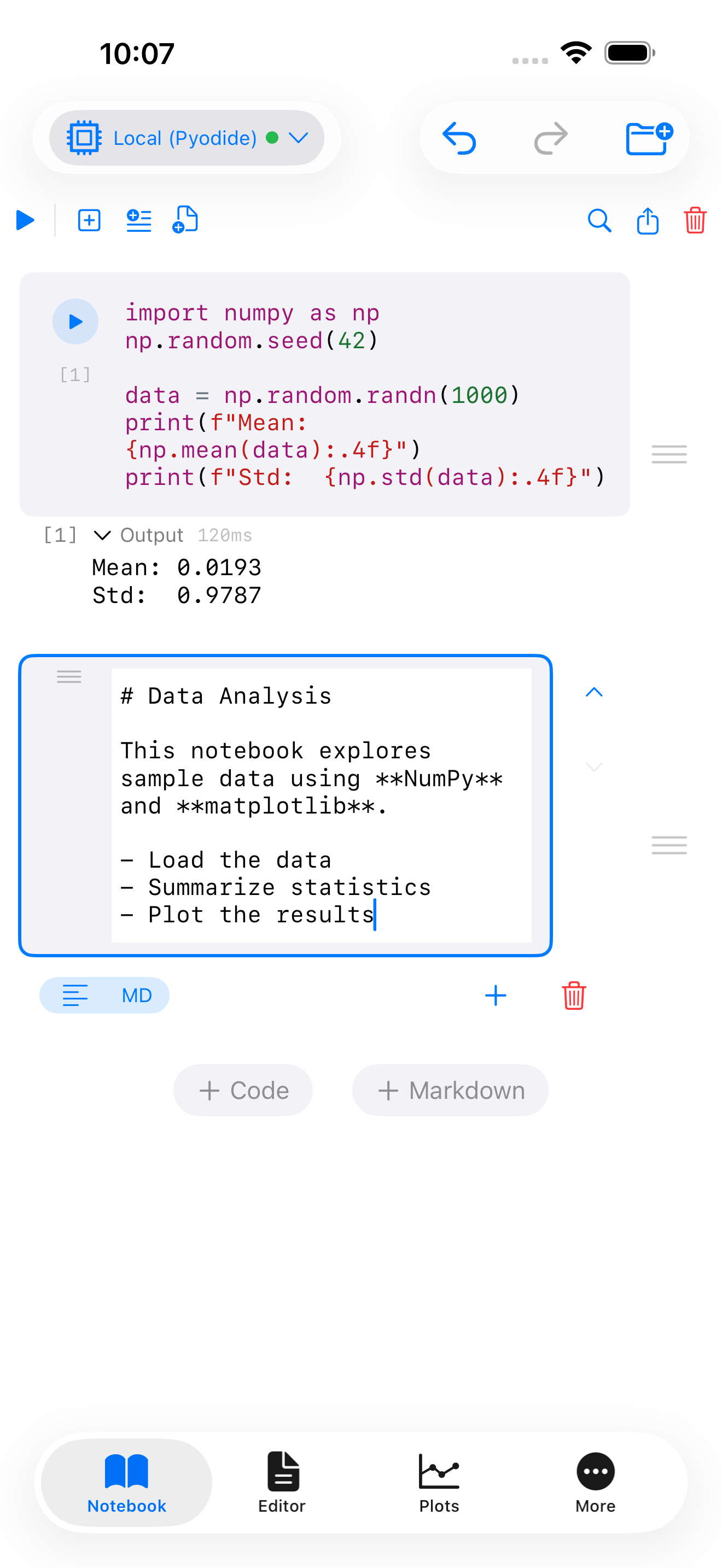 Markdown cell on iPhone in edit mode showing raw markdown source