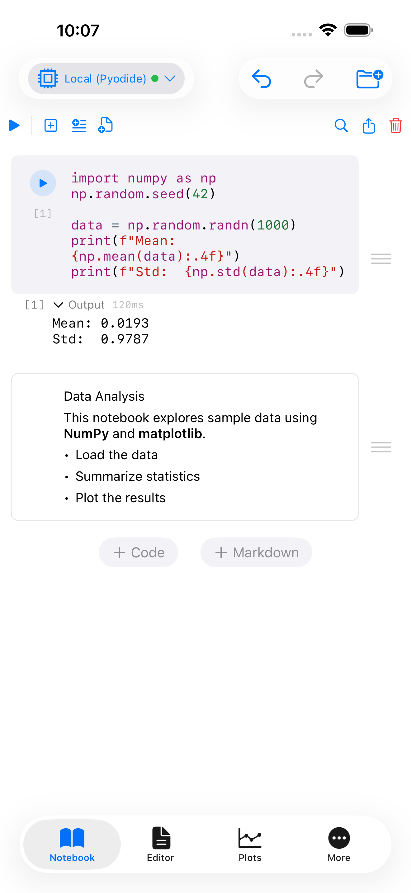 Markdown cell on iPhone rendered with heading, bold, and bullet list