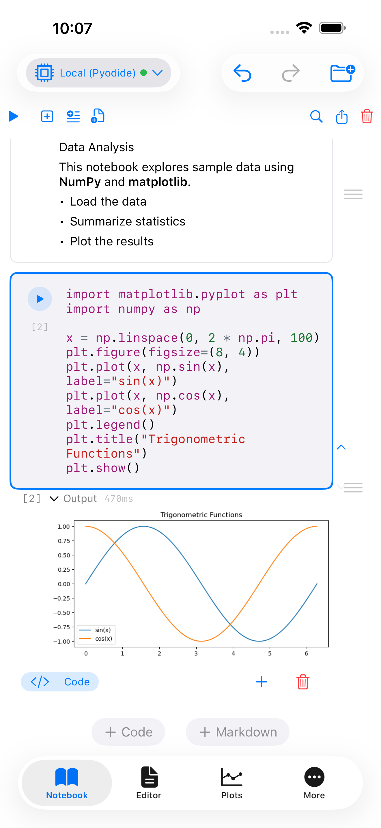 Notebook cell with plot output on iPhone