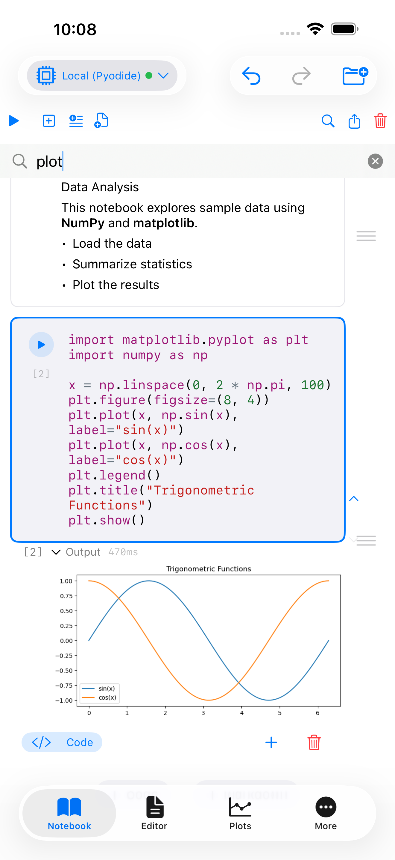 Notebook search bar open on iPhone with a query typed in