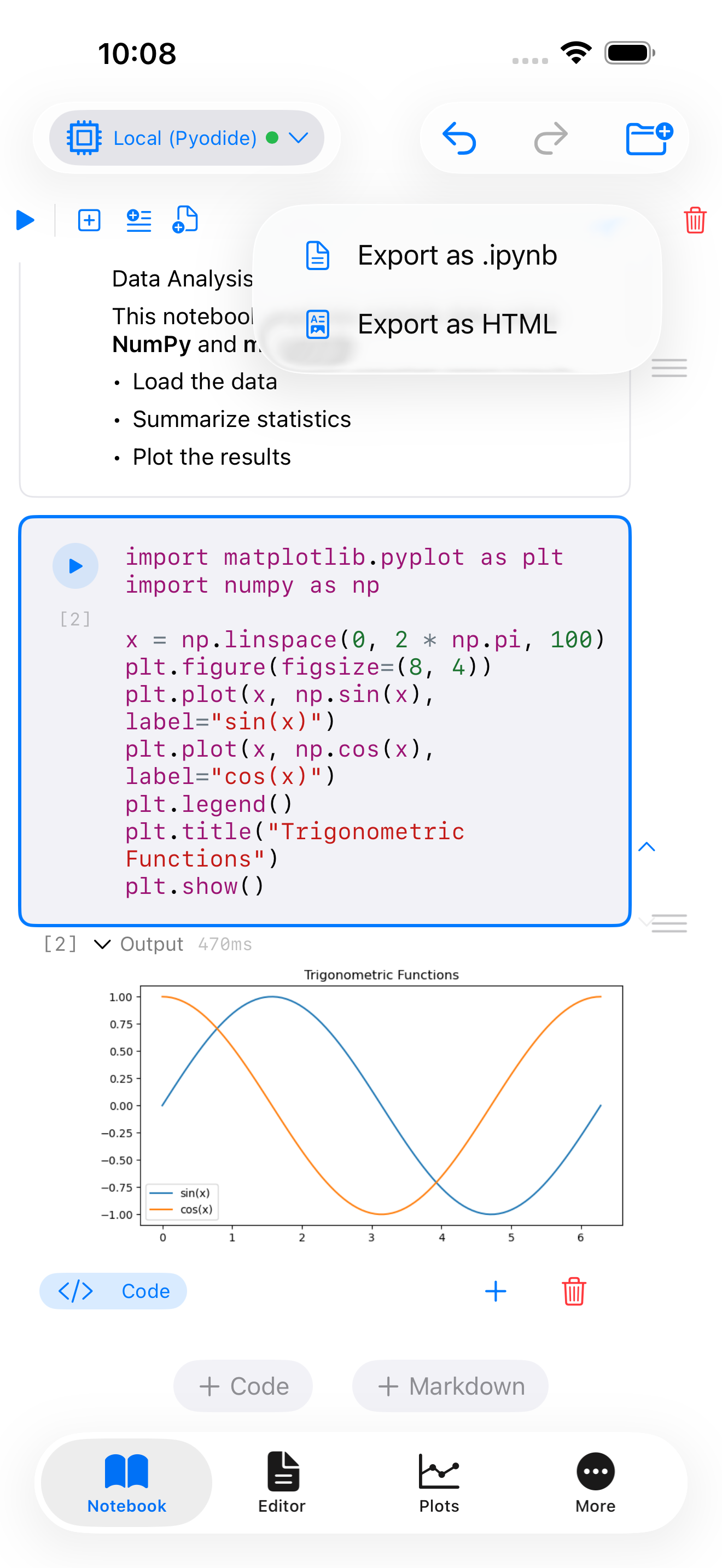 Export menu open on iPhone showing .ipynb and HTML options