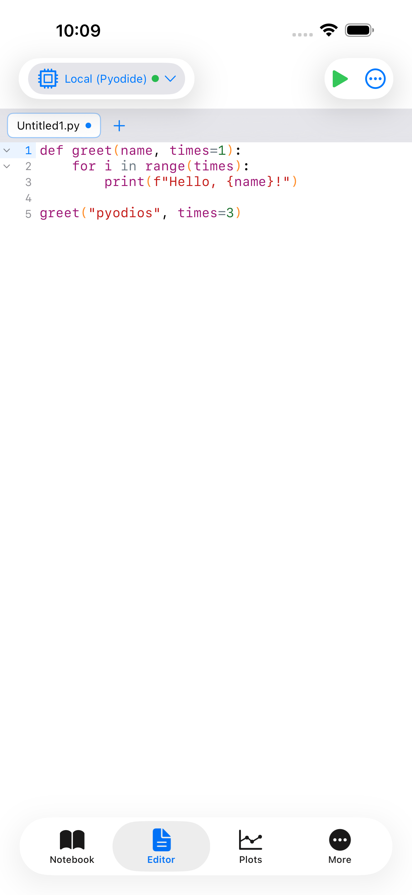 Editor on iPhone showing a short greet() function with a for loop and an f-string