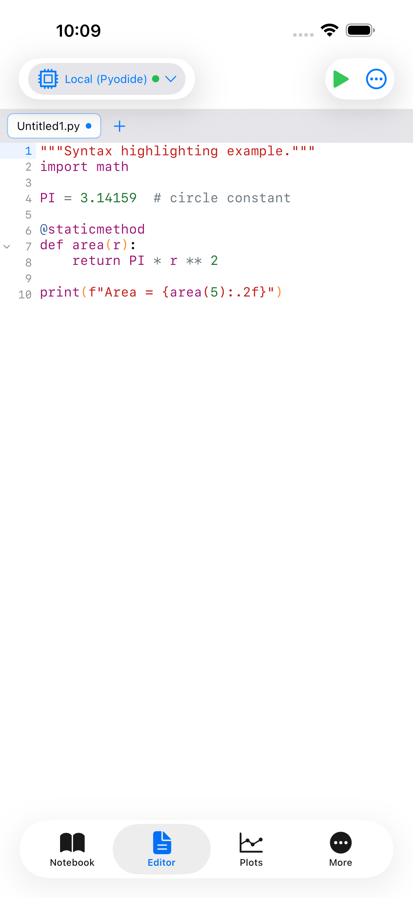 Editor on iPhone showing Python syntax highlighting with keywords, decorators, strings, numbers, and comments all colour-coded