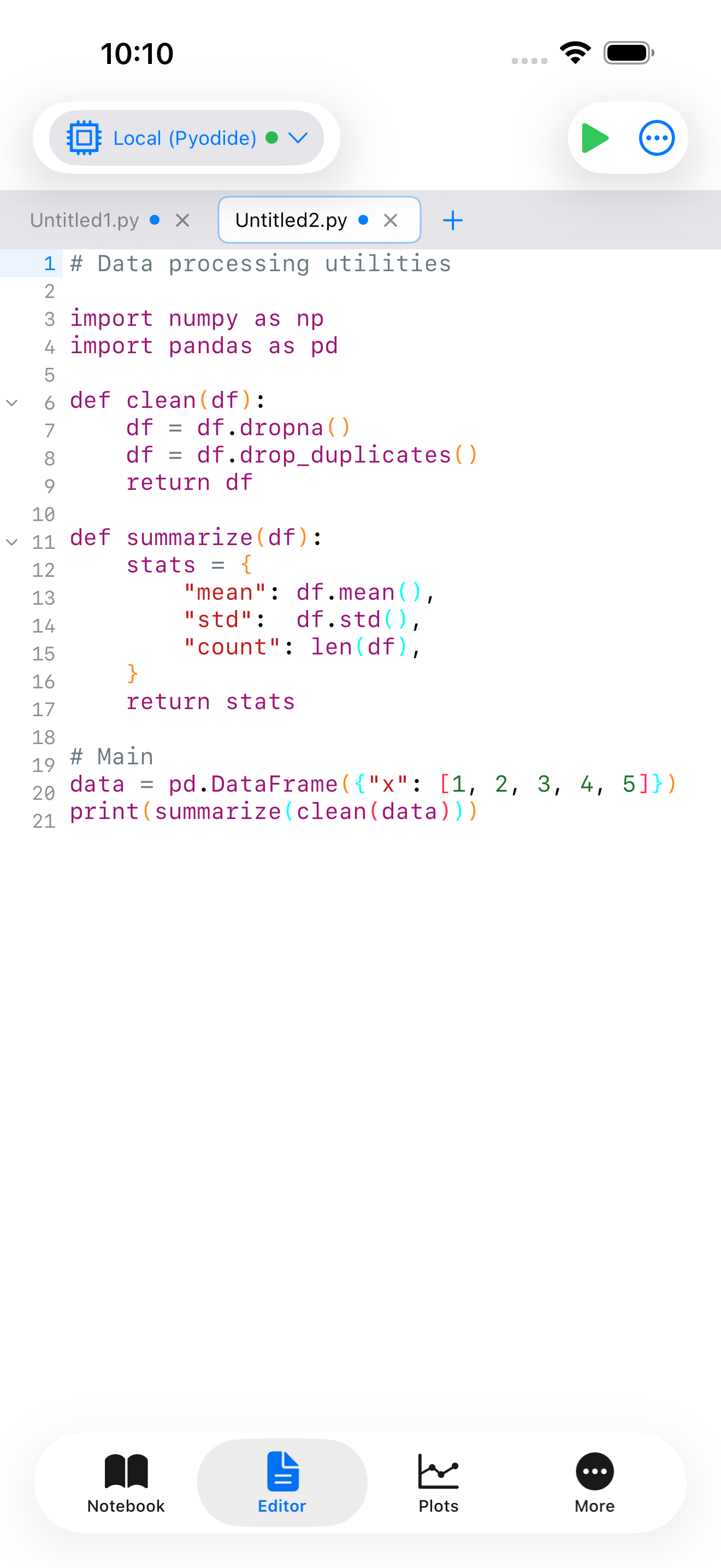 Editor on iPhone showing the source file that the Code Outline will summarise