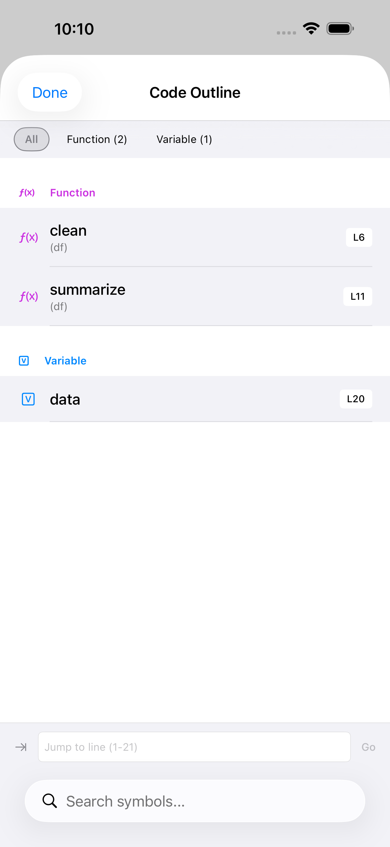 Code Outline sheet on iPhone listing the functions and variables from the file