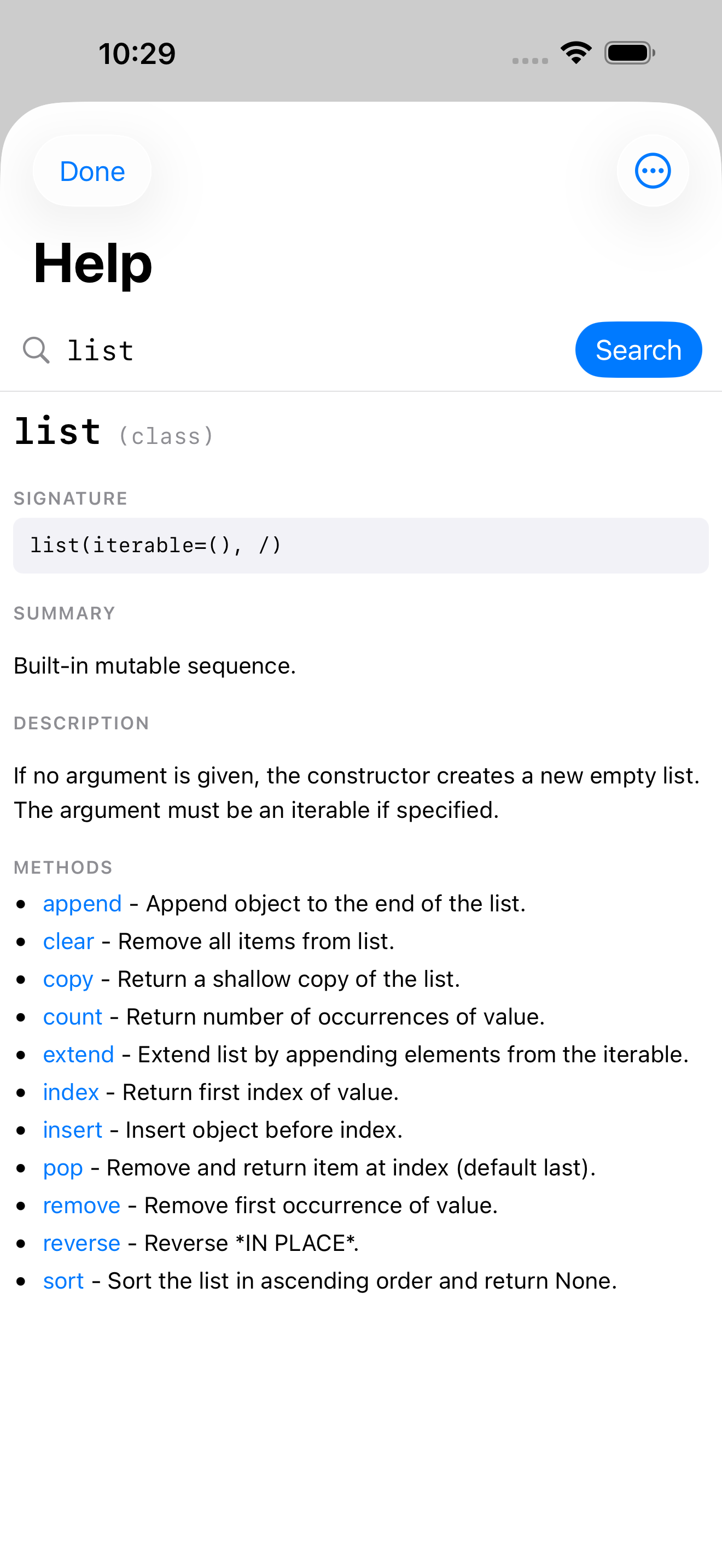iPhone notebook with help(list) call showing the Help sheet