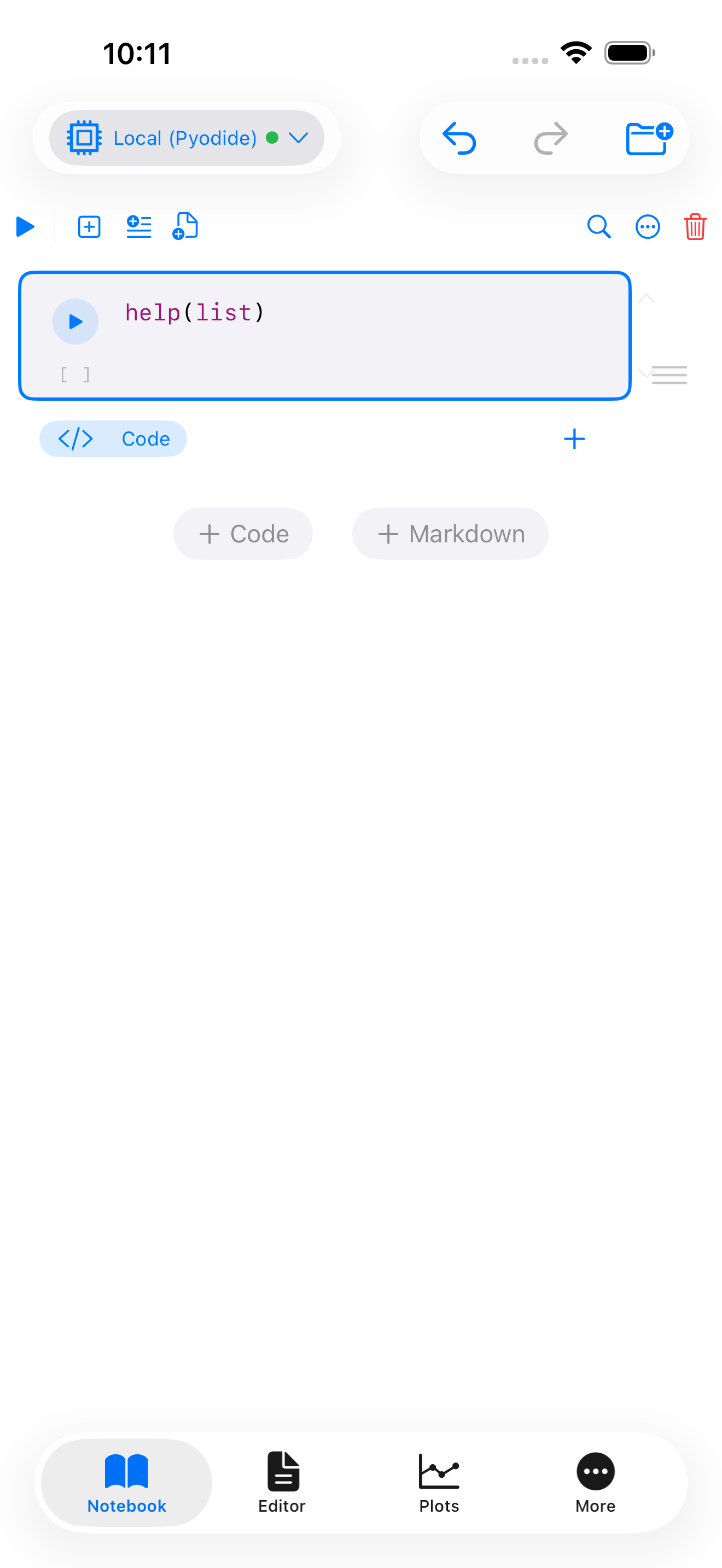 A notebook cell containing help(list), before it has been run
